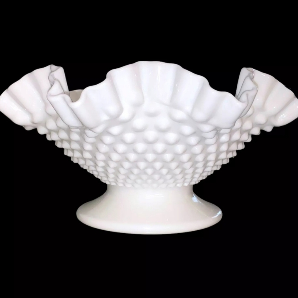Fenton Glass Bowl Large Hobnail Double Crimp Edge Milk Glass Pedestal White 60s